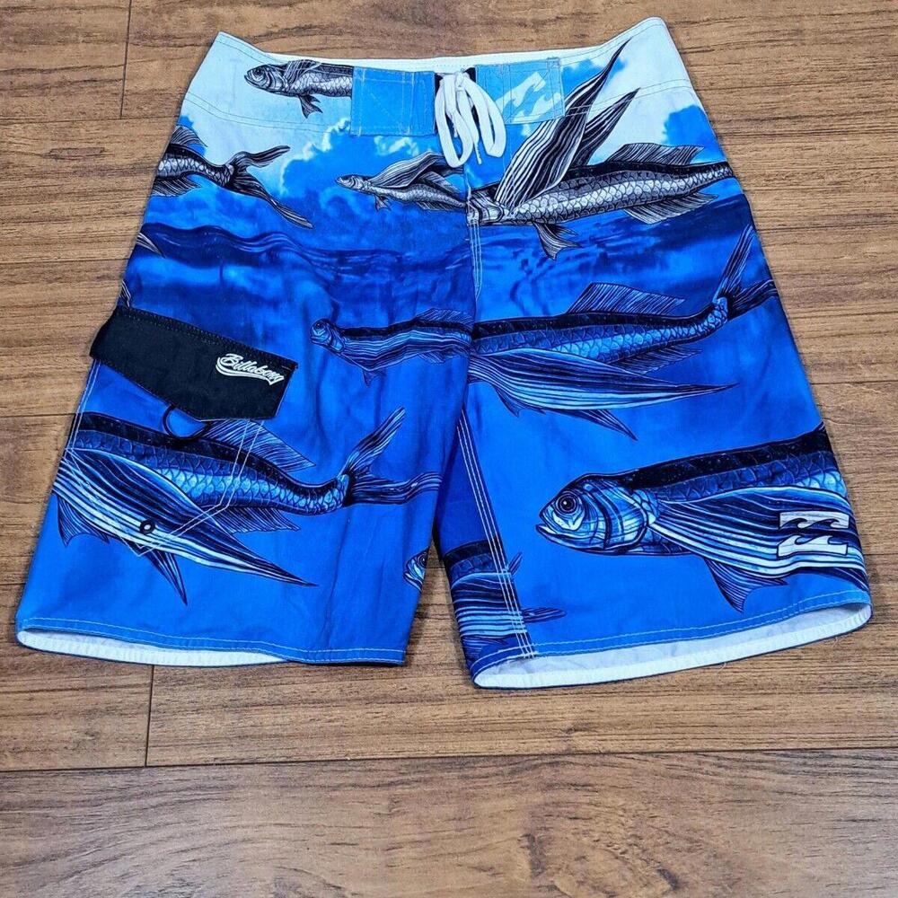 New - Billabong Mens Blue Fish Surfrider Swim Trunks Board Shorts NWT 30